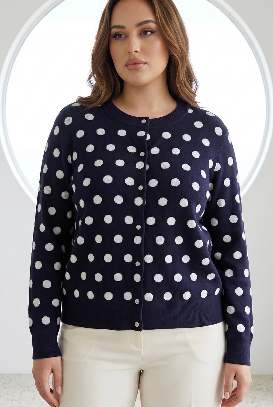 Polka Dot Navy Knit Cardigan Womens Plus Size 3X Preppy Soft Substantial Drapey